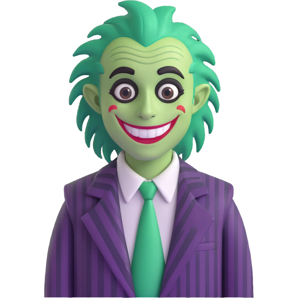 Beetlejuice character, 3D emoji style, green hair, striped suit, big smile emoji