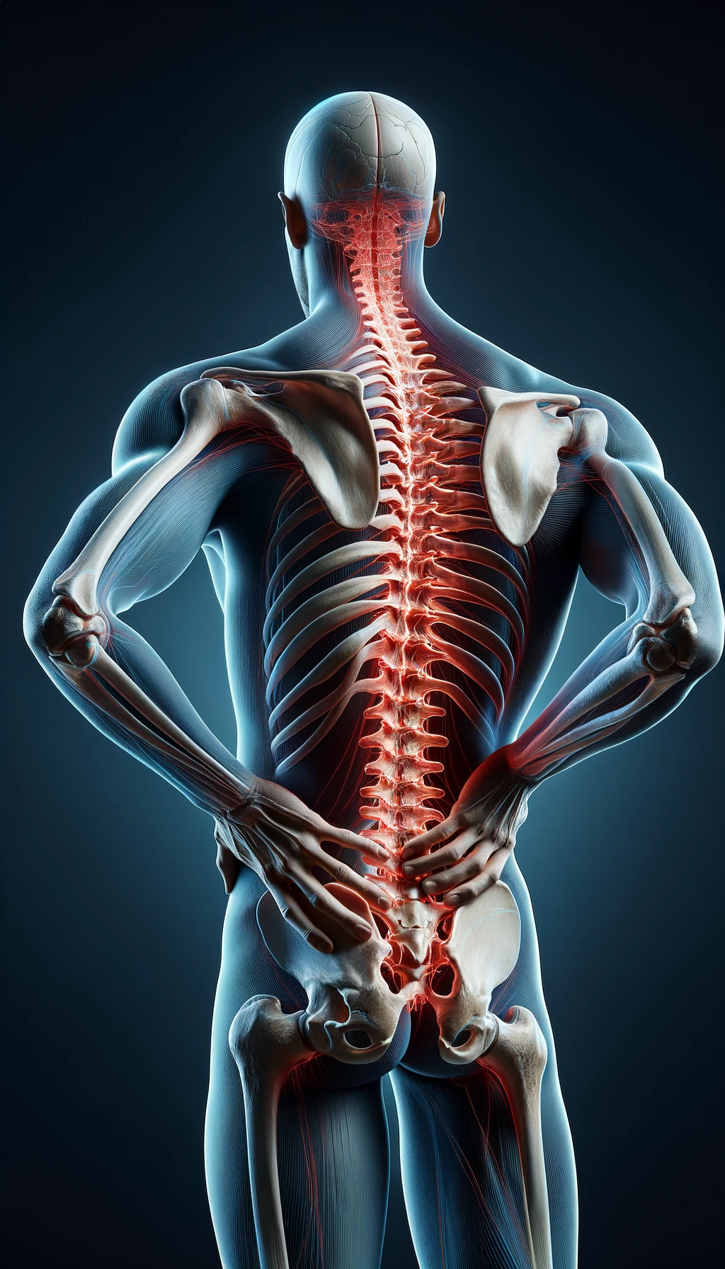corpo umano anatomico di spalle e fisico storto, spina dorsale in evidenza, dolore alla schiena su un lato, iperrealistico 4k emoji