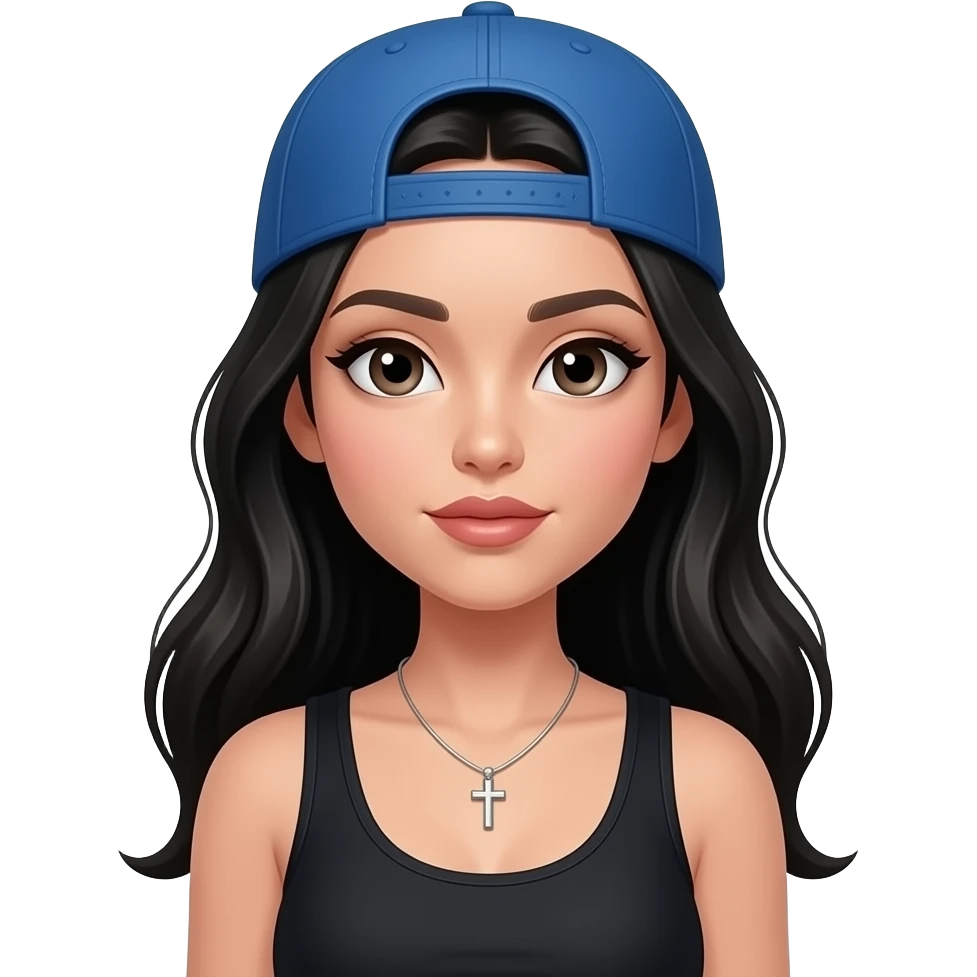 Faz uma mulher de cabelos longos e longos pretos, com cor de pele branca, um boné azul pra trás e com e um colar de uma cruz, e uma blusa de alcinha preta olhos grandes, emoji