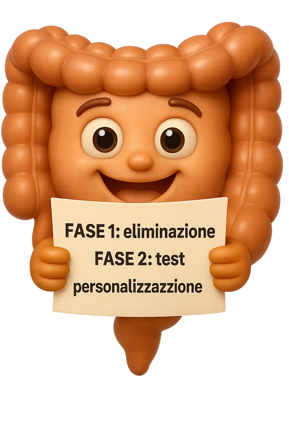 emoji stile iphone 3d di un intestino che tiene in mano un foglio con la scritta "FASE 1: eliminazione, FASE 2: test, FASE 3: personalizzazione, IPERREALISTICO 4K emoji