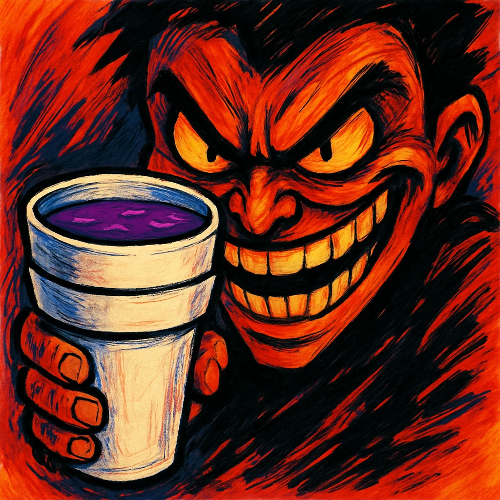 sharp, slanted angry eyes and a wide devious grin, holding a double cup of purple drank, visually striking style emoji