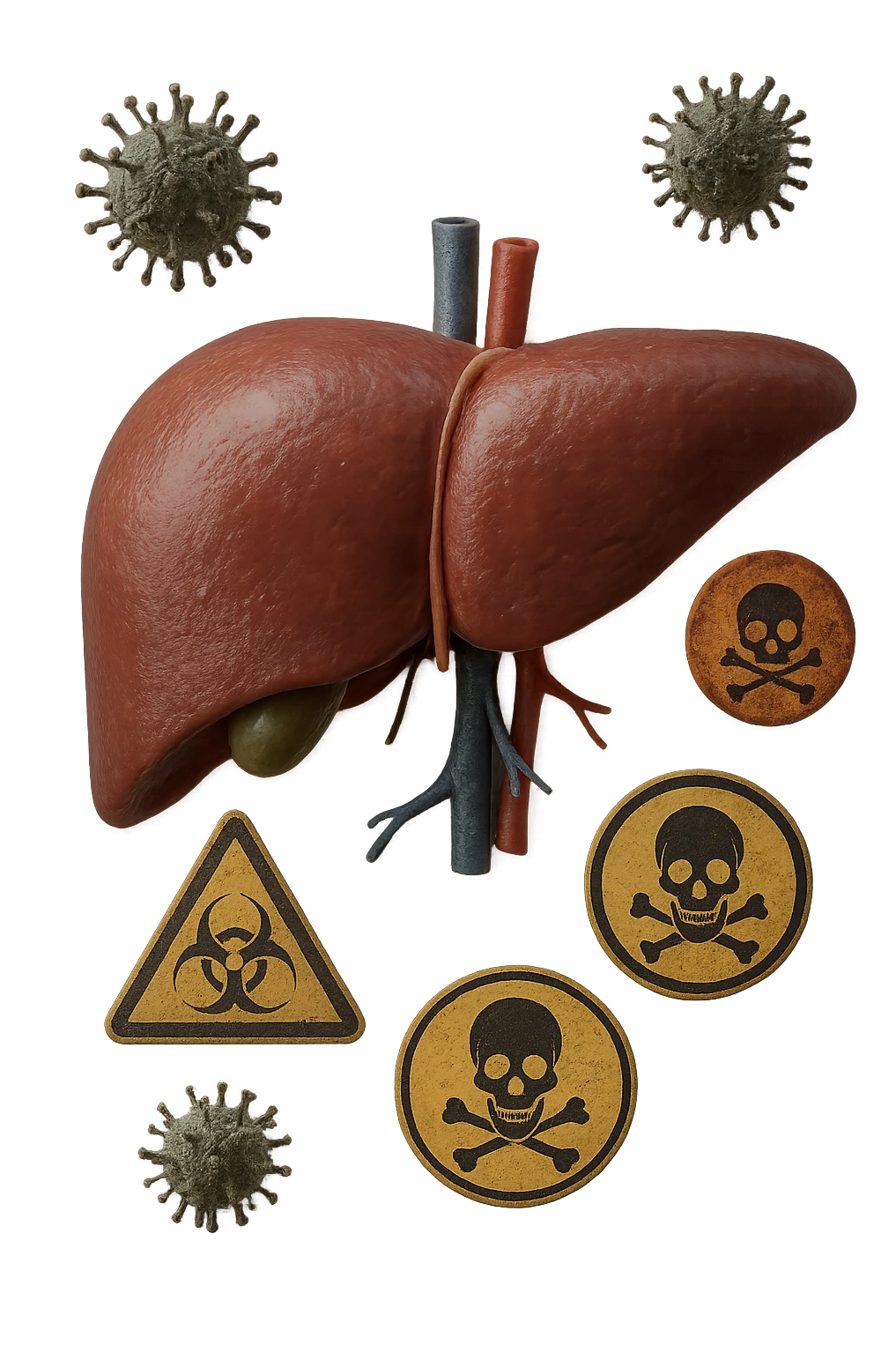fegato umano anatomico con tossine che gli fluttuano intorno, iperrealistico 4k emoji
