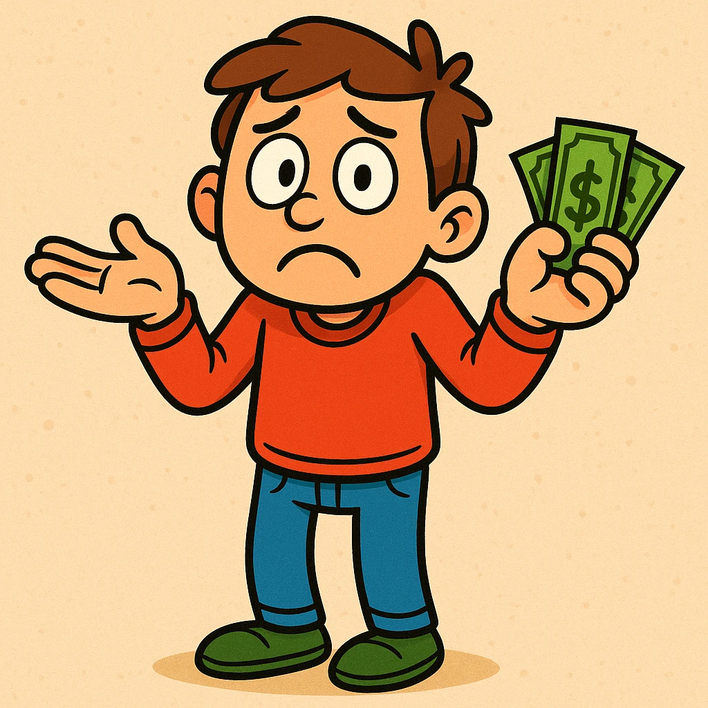 cartoon character shrugging with both hands up, dollar bills in one hand, looking lost or helpless, colorful cartoon style emoji