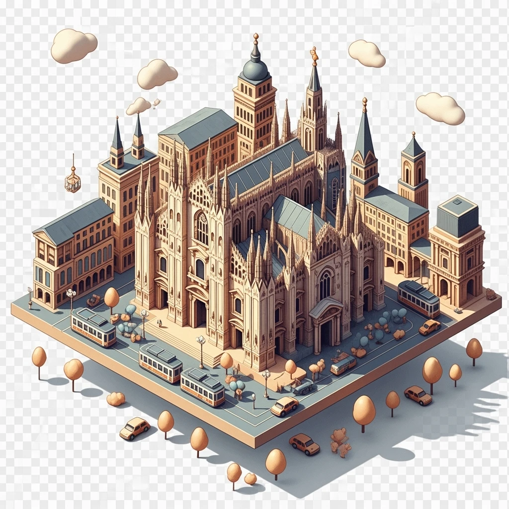 Isometric Milan with the Milan Cathedral (Duomo di Milano), toy-style elements, soft shadows, pastel diorama style, transparent background emoji