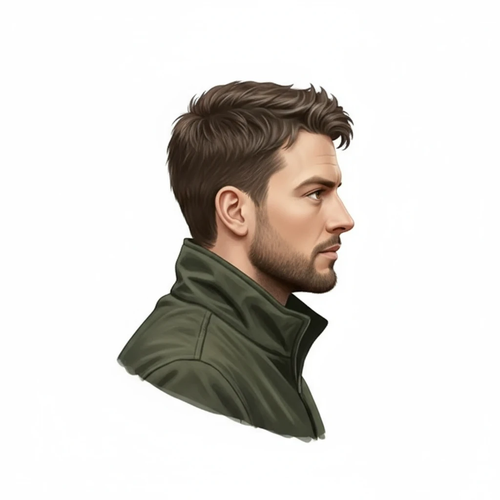 нарисуй этого человека с таким же лицом, но до пояса, он одет в куртку осеннюю и картинка строго в профиль, стиль картинки повтори точно такой же как во вложении, без фона emoji