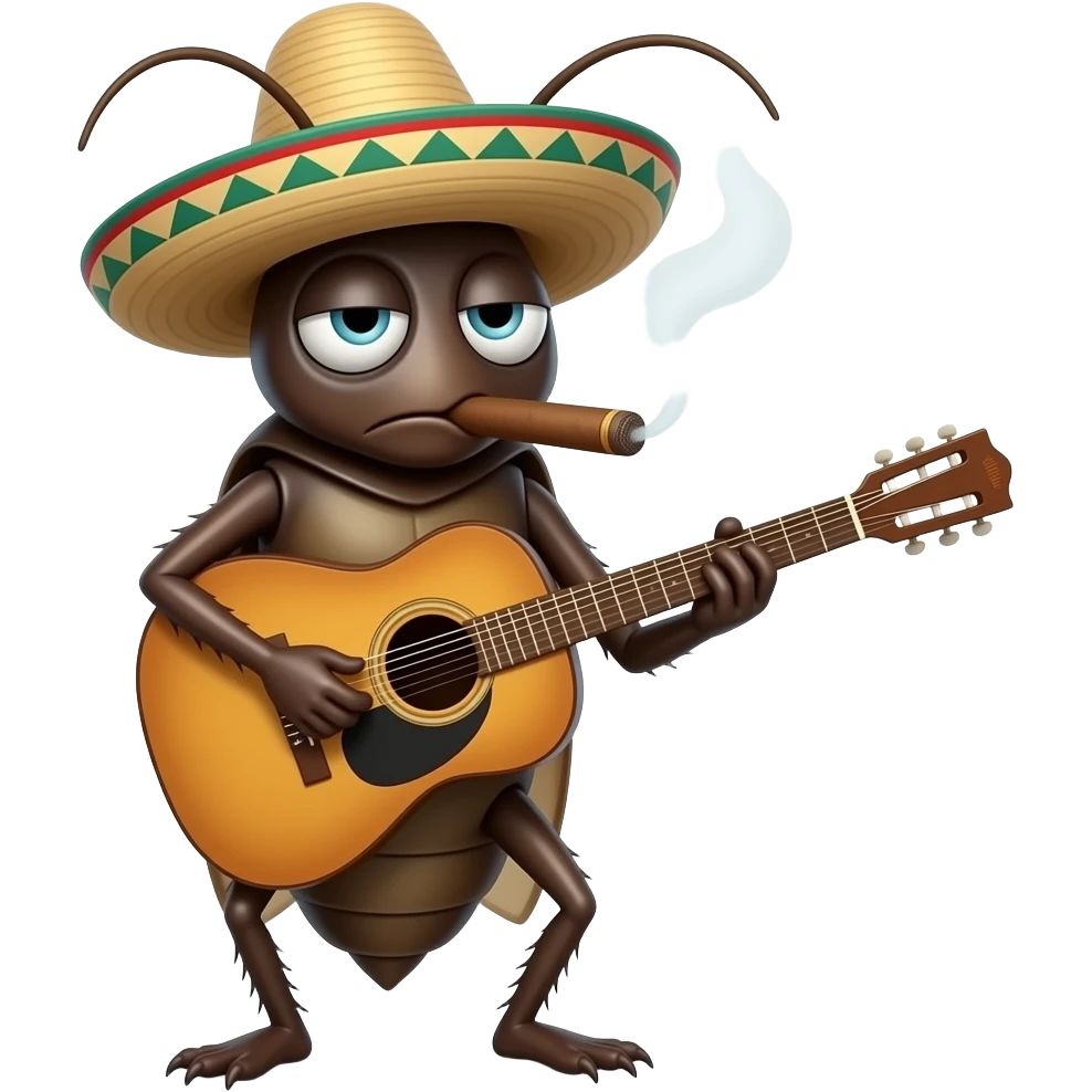 Very old and tired cockroach wearing a sombrero smoking a cigar and playing the guitar emoji