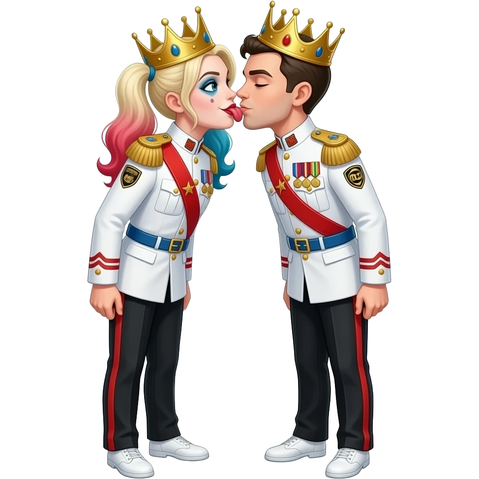 Poison ivy and harley quinn from dc comics are same wearing gold tiara white military tunic arm badge shoulder cord medal red sash blue belt black trouser with both side red stripe white shoes and they both kiss with tongue of little brat emoji
