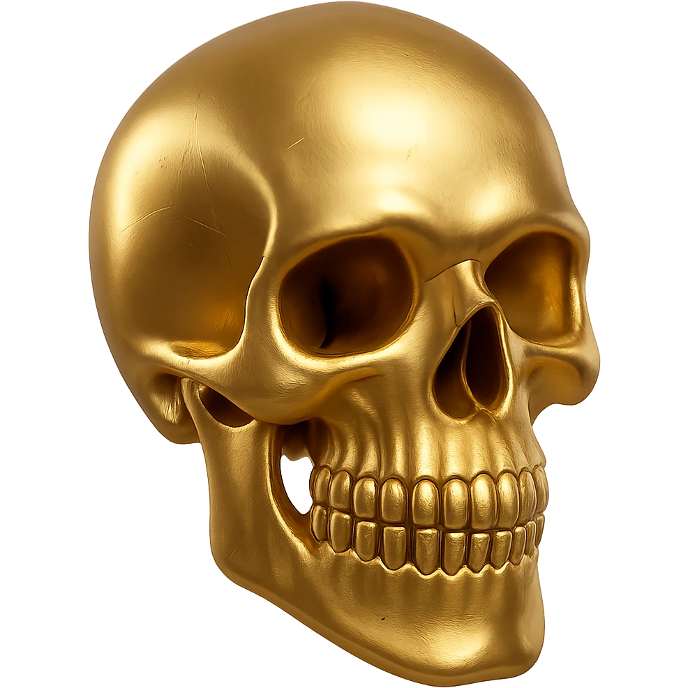 Add gold teeth to the 3d stylized cartoon skull, keep the smooth surfaces and exaggerated features, with no background. emoji