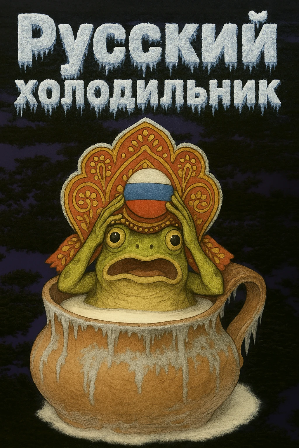 Сделай надпись Русский холодильник строго как на картинке в 2 строки, чтобы она была покрыто чуть льдом и инеем, но читалась emoji