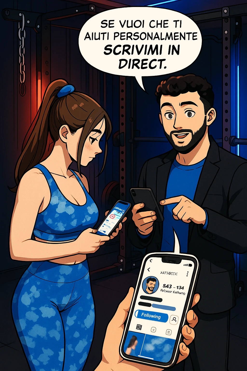 TRASFORMA QUESTO CAROSELLO IN UN FUMETTO STILE WEBTOON/MANGA A COLORI CON QUESTE DUE PERSONE IDENTICHE CHE INTERLOQUISCONO TRA LORO, L'UOMO MOSTRA UNO SMARTPHONE ALLA DONNA INDICANDOLO, E ANCHE LA DONNA HA LO SMARTPHONE IN MANO PER ANDARE A SEGUIRE IL SUO PROFILO INSTAGRAM:

LUI (UOMO): Se vuoi che ti aiuti personalmente
SCRIVIMI IN DIRECT emoji