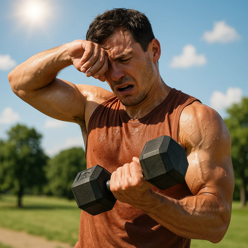 uomo fitness che si allena in estate, tutto sudato, con una mano fa un curl manubri mentre con l'altra mano si asciuga il sudore dalla fronte, espressione affaticata in volto emoji
