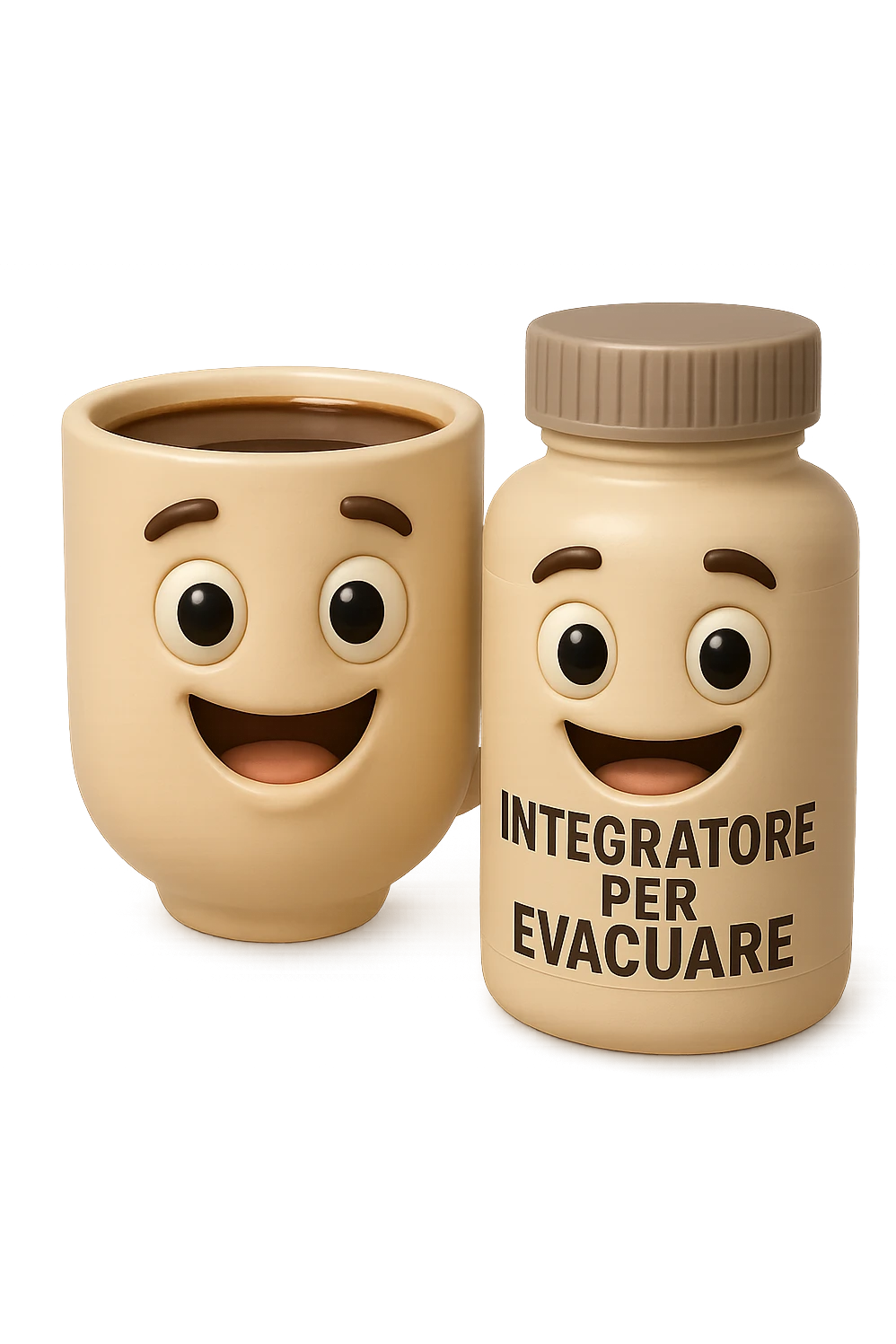 EMOJI STILE IPHONE 3D DI un caffè e di una boccetta di integratore con la scritta "INTEGRATORE PER EVACUARE" SULL'ETICHETTA, iperrealistico 4k emoji