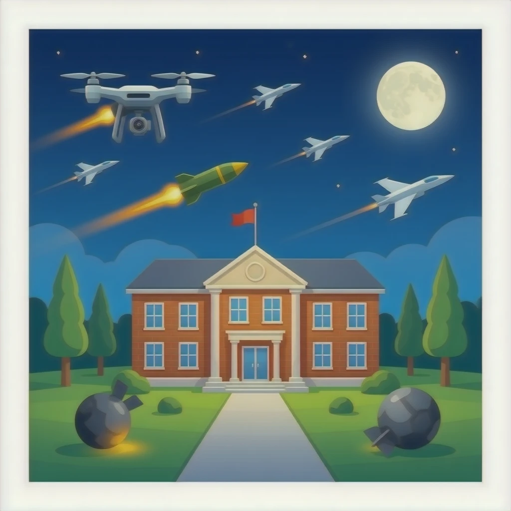 an hyperrealistc school is getting bombed because of war, drones firing misles, bombs and jet everywhere emoji