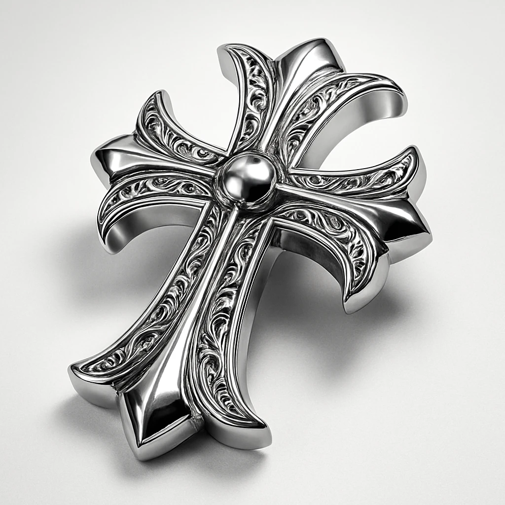Chrome Hearts style cross, silver chrome, ornate gothic flourishes, high contrast, luxury accessory look emoji
