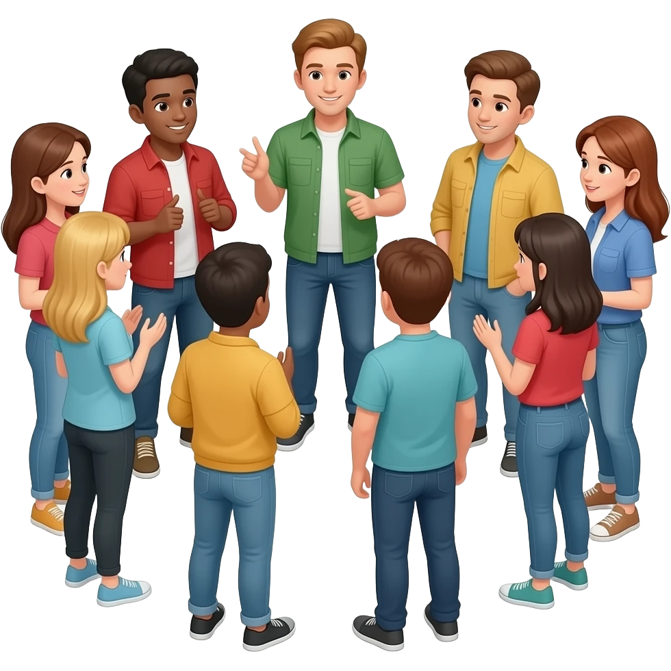 grupo de amigos jovenes, hombres y mujeres charlando en ronda emoji