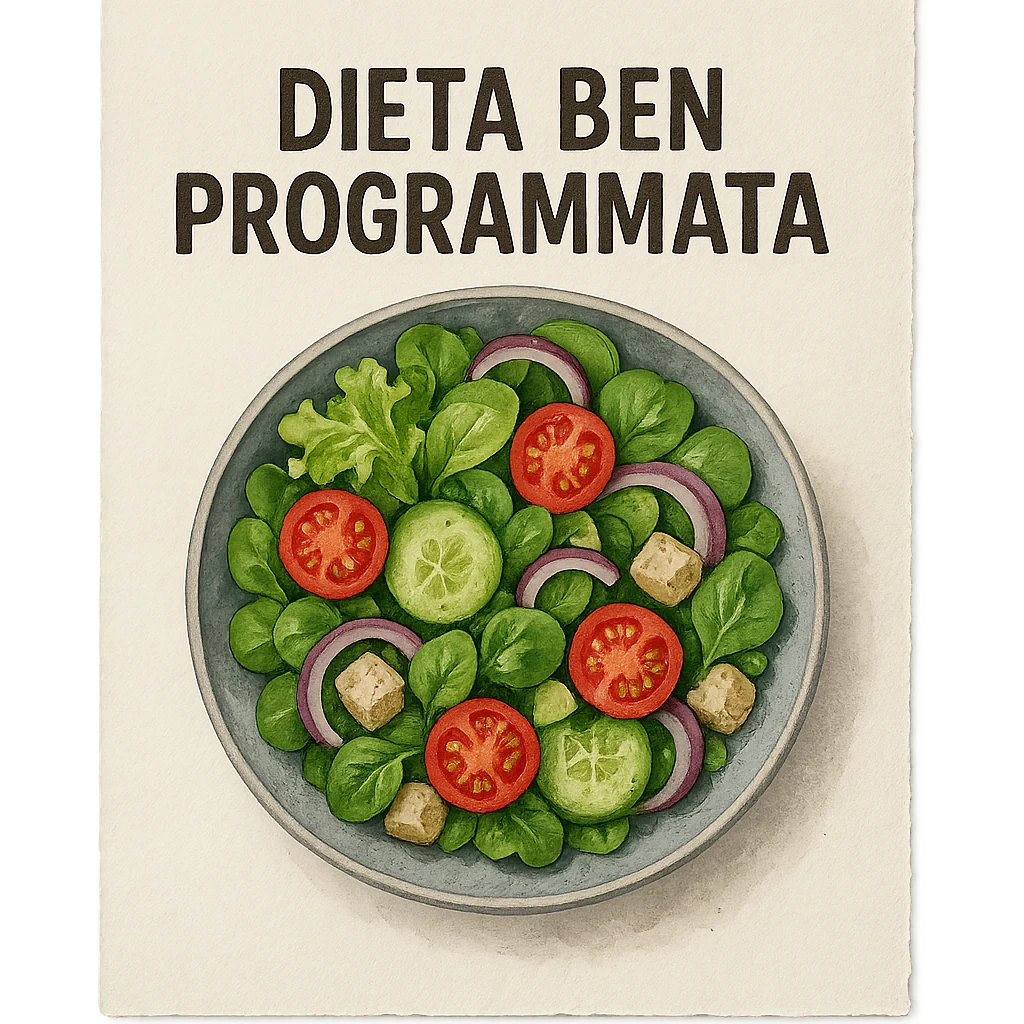 hyperrealistic 4K top view of a sheet of paper with an illustrated bowl of salad and the text 'DIETA BEN PROGRAMMATA', variation 8, no background emoji
