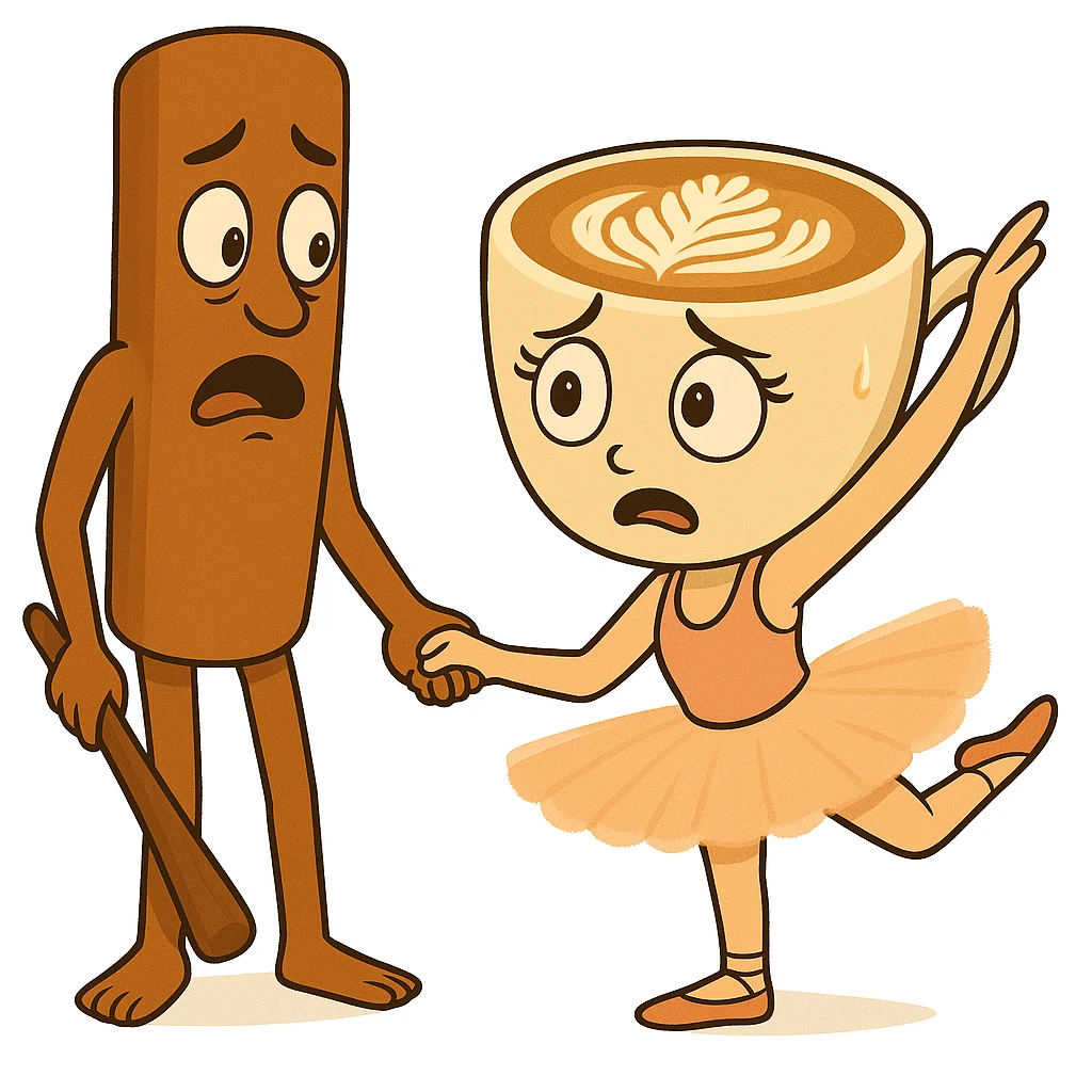 Keep the same quality and style as the reference image. Edit the coffee cup character to have a nervous expression and the cinnamon stick character to have a surprised expression. emoji