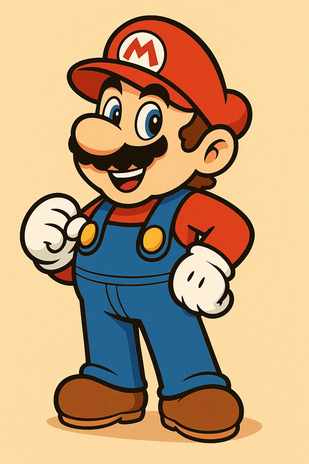 Mario with classic red hat and blue overalls, cartoon style, bright colors, smiling expression, standing pose emoji