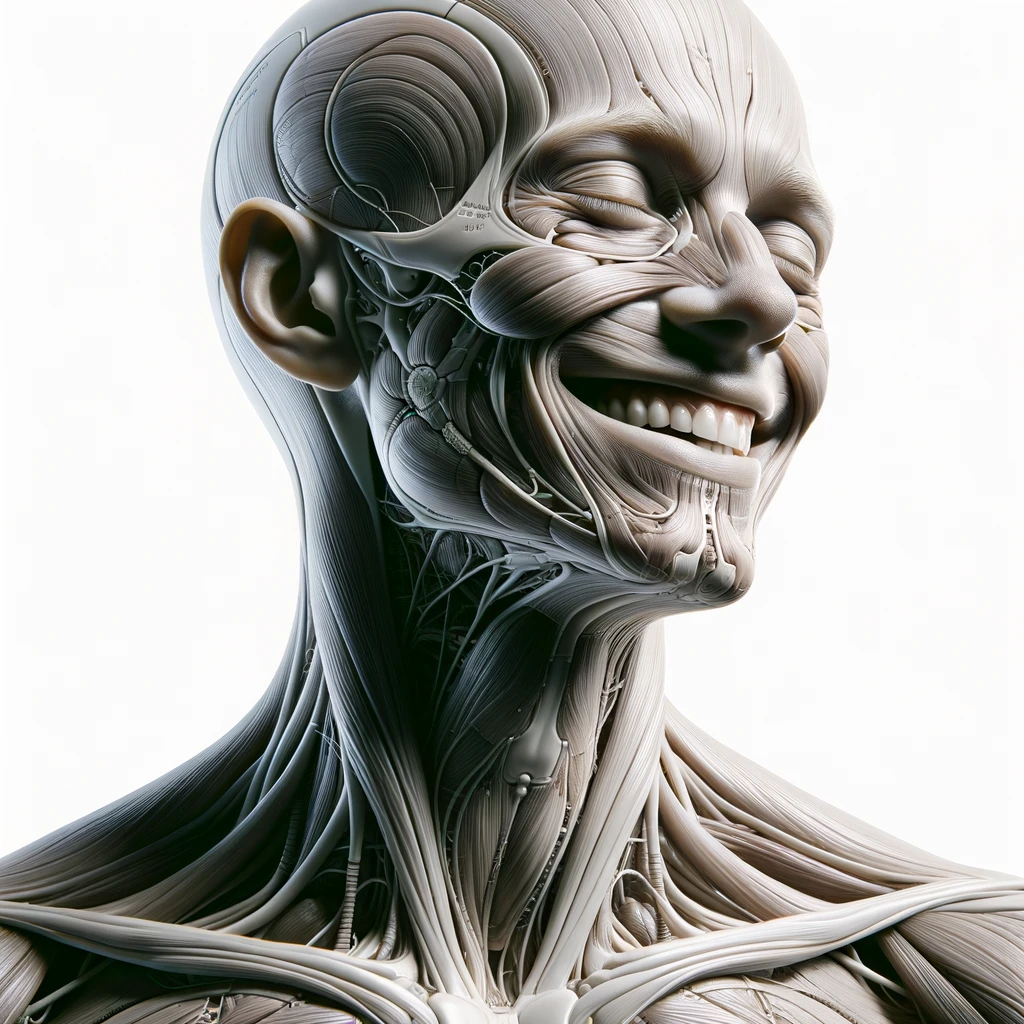corpo umano anatomico a figura intera che sorride rilassato, iperrealistico 4k, isolato su sfondo bianco emoji