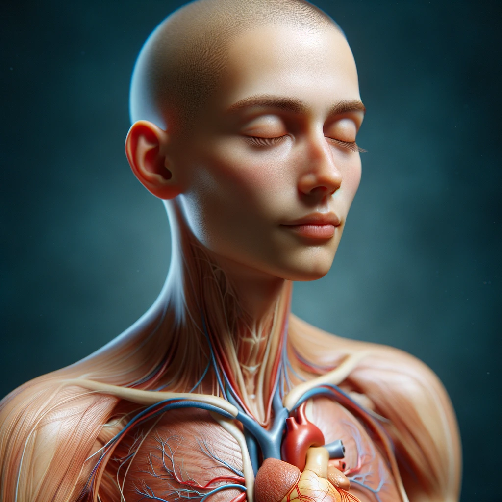corpo umano anatomico con capelli corti in perfetta salute con gli occhi chiusi ed espressione serena, cuore e organi in evidenza, iperrealistica 4k emoji