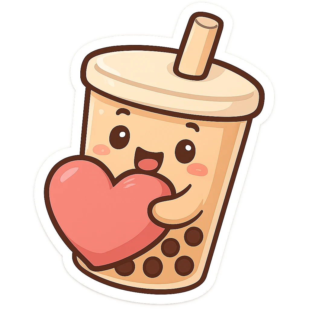 chibi sticker-style bubble tea with a big heart, cute and exaggerated emoji