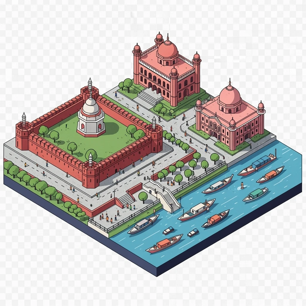 Isometric minimalistic illustration of Dhaka – Lalbagh Fort, Ahsan Manzil, bustling river boats, dirty colorful streets, subtle 3D miniature effect and Tilt Shift effect, no cartoonish look, transparent background. emoji