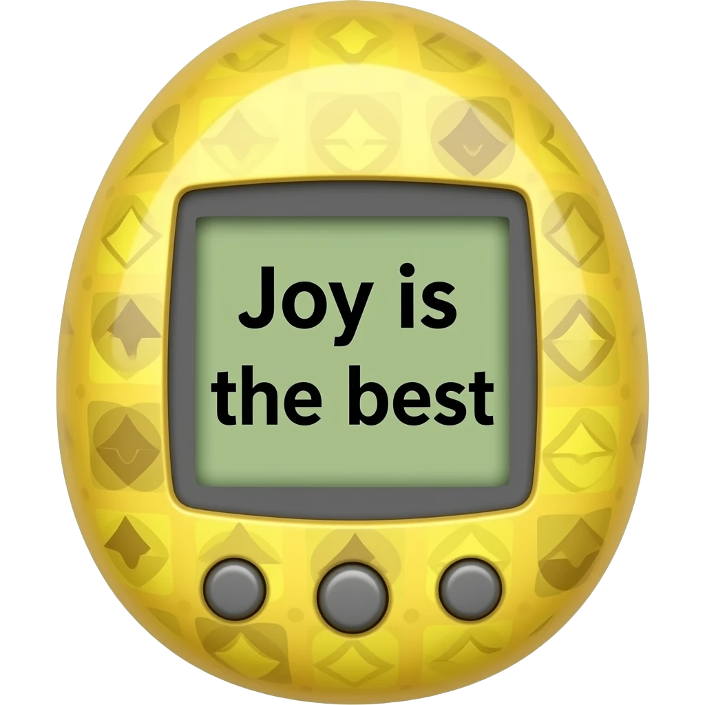 yellow tamagotchi with pattern outside that says Joy is the best on the screen in black letters and no words on the outside top part emoji
