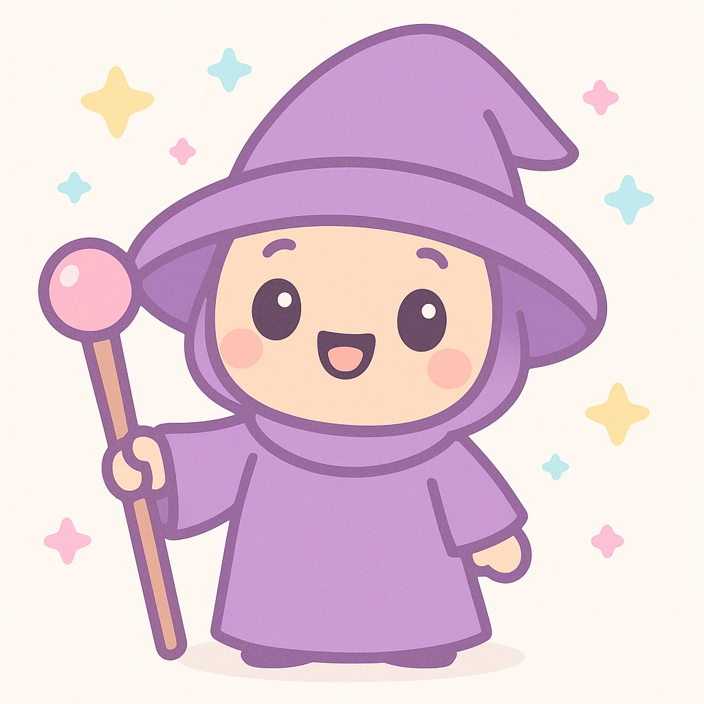kawaii wizard character with purple robes, magic staff, big cheerful smile emoji