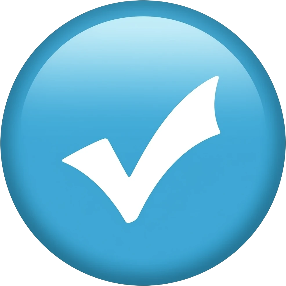 Create a minimal flat verification badge emoji, a bright cyan-blue circular icon with a smooth white checkmark in the center, soft rounded edges, clean modern style, no shadows, no text, transparent background, high quality vector emoji style, centered composition. emoji