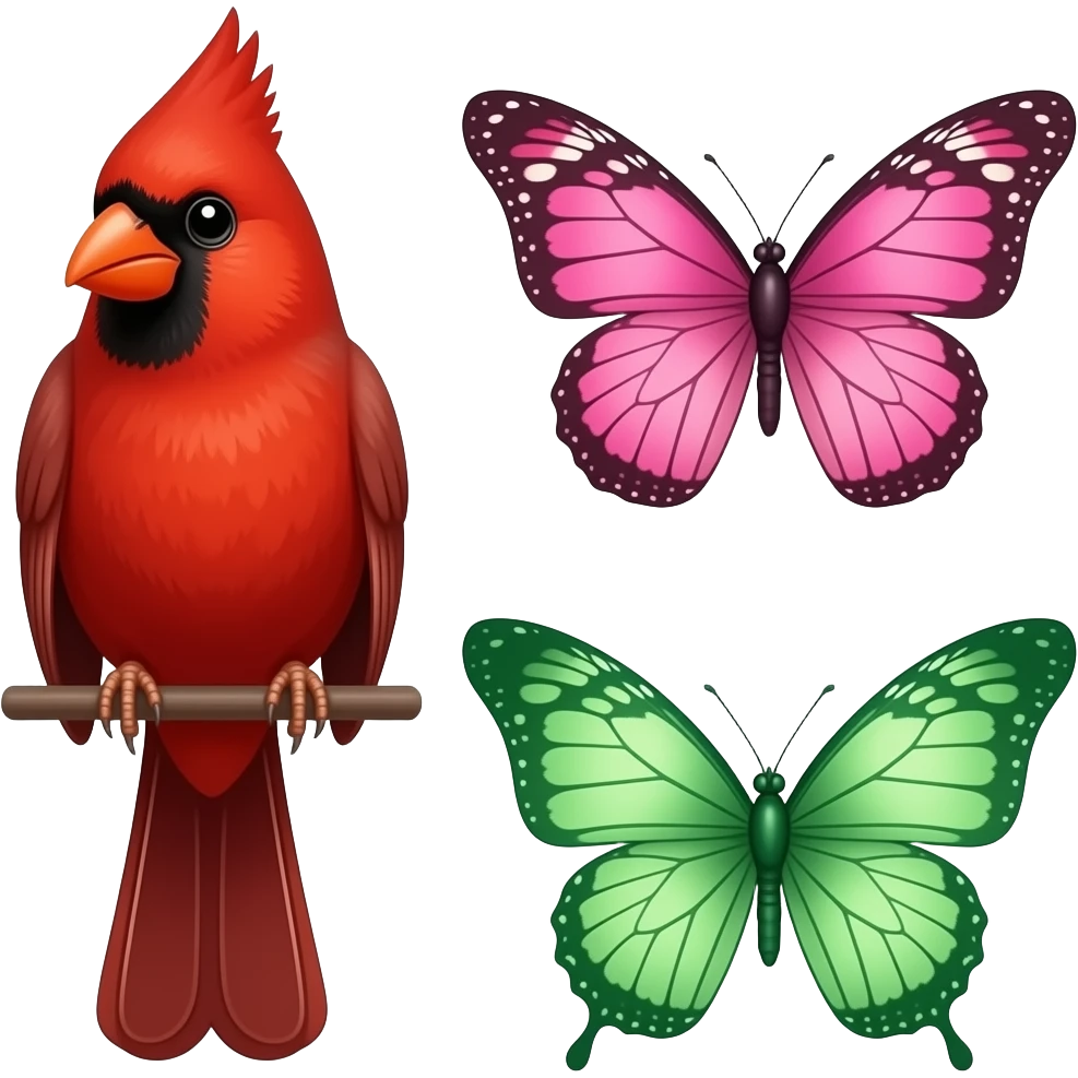 Red cardinal with a pink butterfly and green butterfly emoji