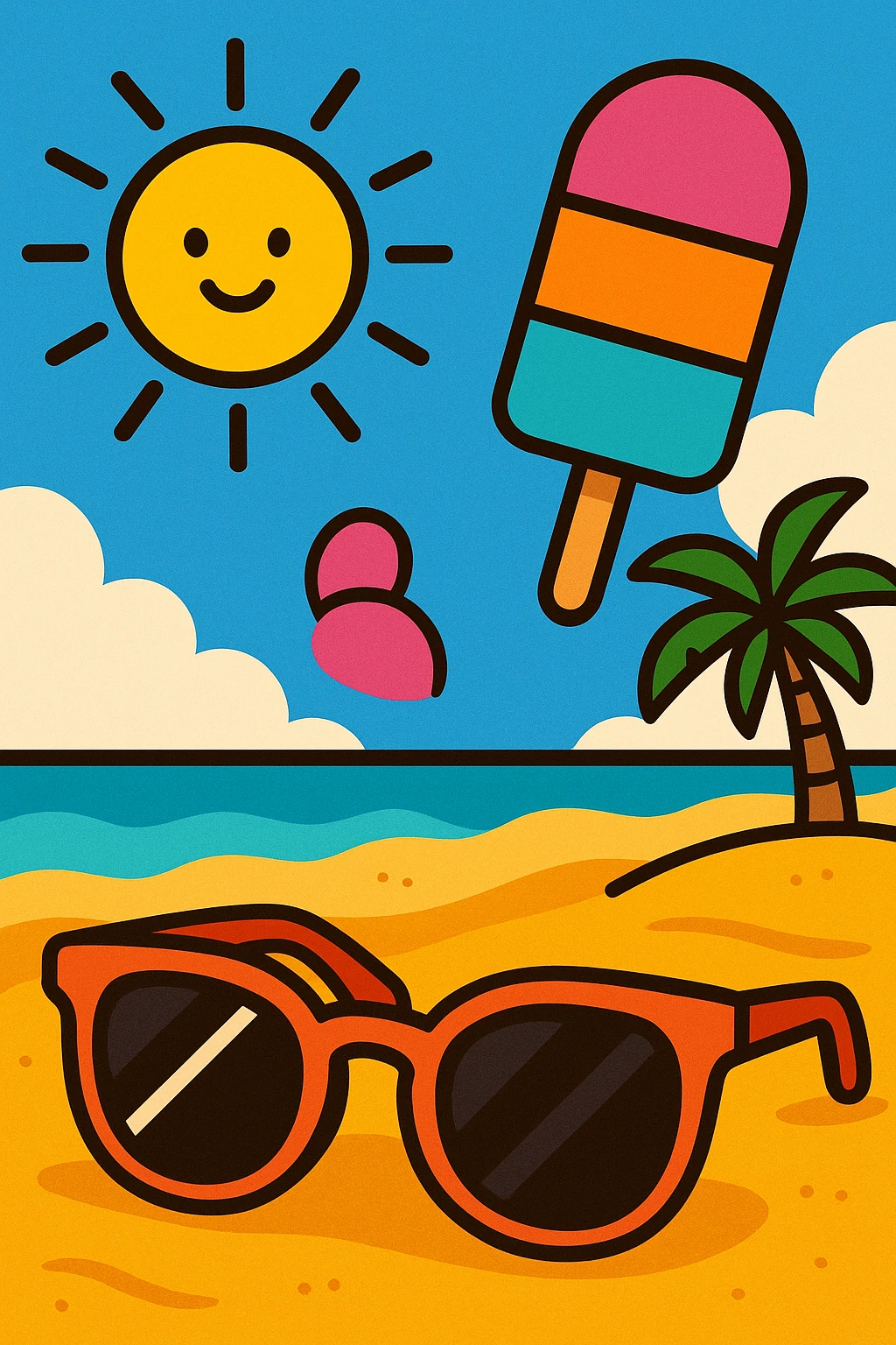 summer theme with vibrant colors, beach, sun, ice cream, sunglasses emoji
