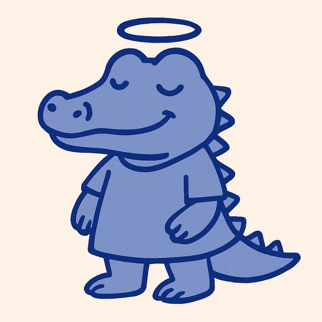 2D cute alligator with a halo, gentle eyes, no background emoji