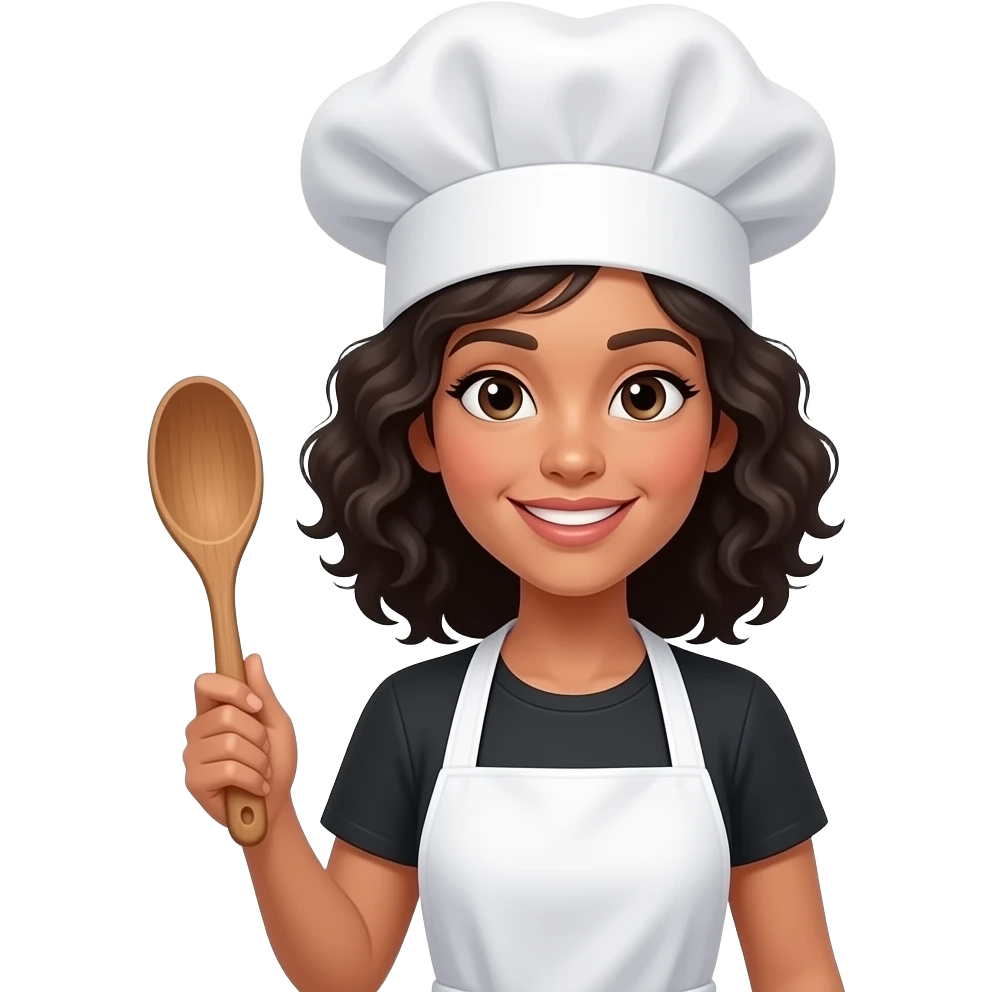 A medium-light skinned woman with shoulder-length curly black hair dressed as a kitchen chef emoji