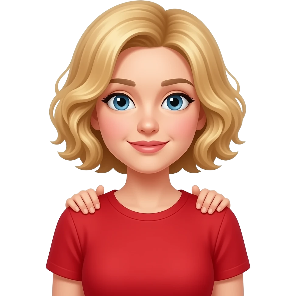 blonde curly bob  shrugging shoulders in red shirt emoji