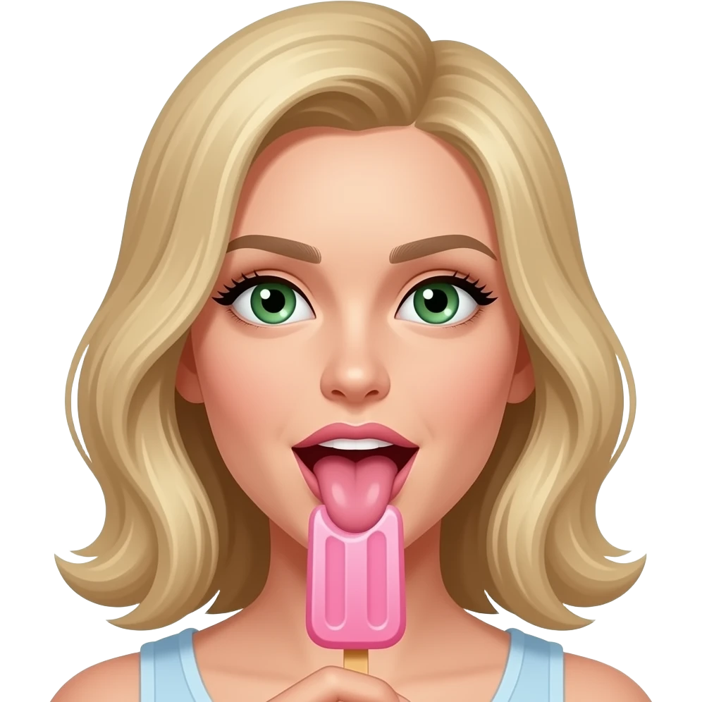 Lizanie loda na patyku w kolorze różowym językiem włosy blond zielone oczy emoji