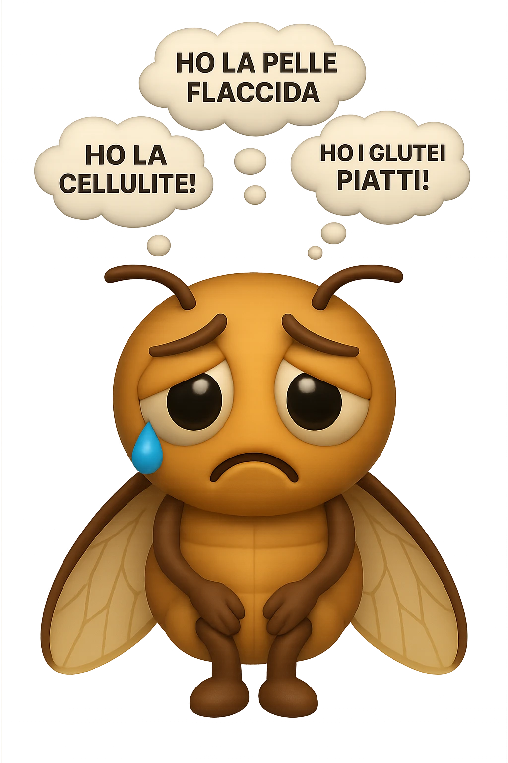 EMOJI STILE IPHONE 3D DI una cicala triste che si tocca le cosce e piange perché non le piace il suo fisico, posa frontale, fagli anche la parte bianca degli occhi, non solo la pupilla, sulla testa della cicala aleggiano i pensieri "HO LA PELLE FLACCIDA", "HO LA CELLULITE!", "HO I GLUTEI PIATTI!" emoji