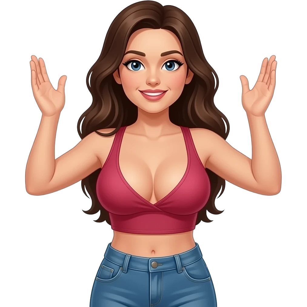 Flirty Burnett women with large boobs  waist up naked arms up saying i don’t know emoji