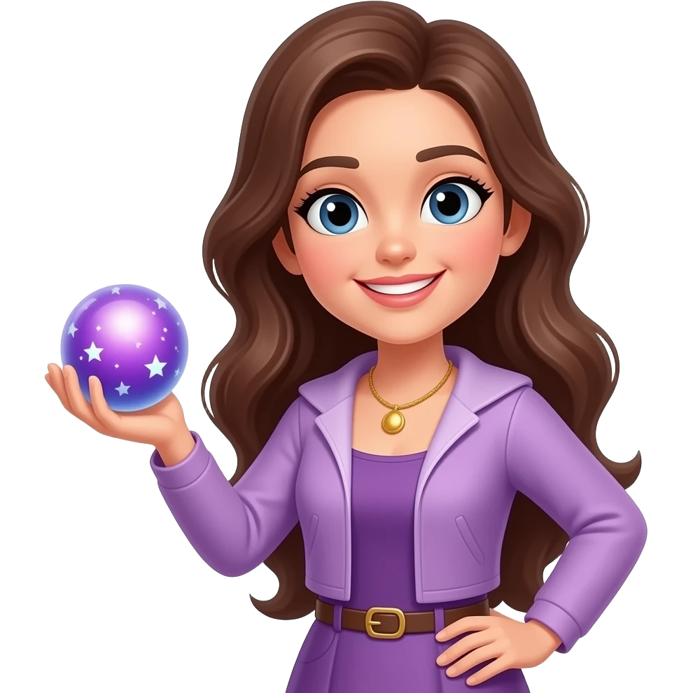 Женщина машет привет с волшембнвм шаром в руке, в фиолетовой одежде emoji