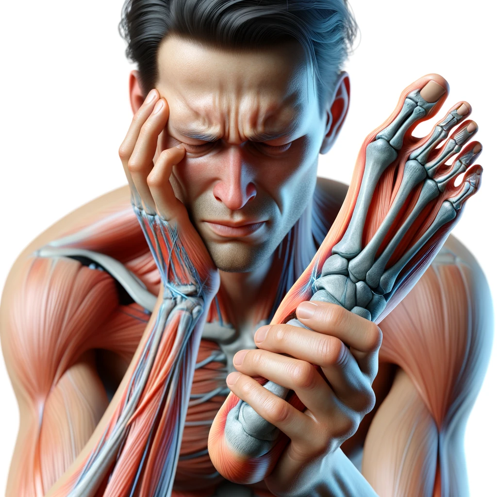 corpo umano anatomico con espressione di dolore in volto che si tiene il piede tra le mani perché ha dolore al piede, iperrealistico 4k, isolato su sfondo bianco emoji