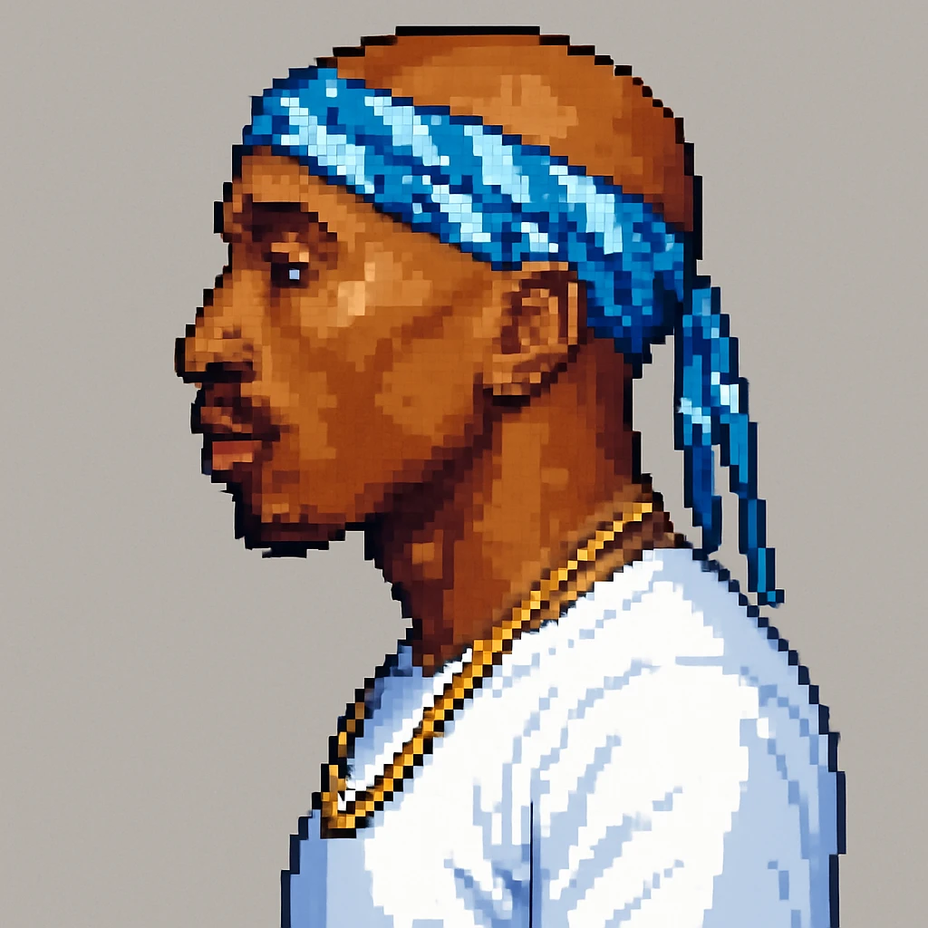 2Pac in the style of pixel art, side view, with a gold chain emoji