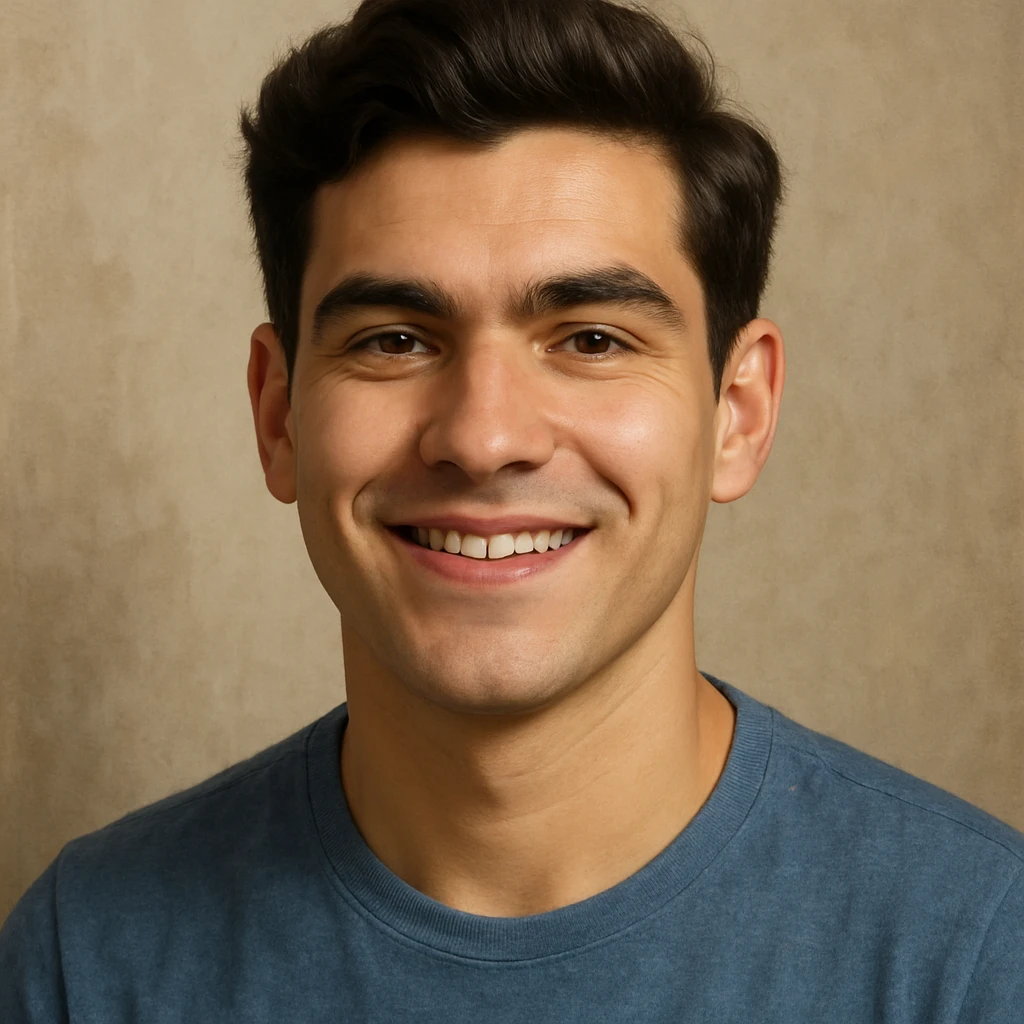 portrait of a young man in his early twenties with a slightly square face, pronounced jawline, slightly prominent cheekbones, broad smooth forehead, thick dark arched eyebrows, hazel almond-shaped lively eyes with prominent eyelids, wide bridge and slightly upturned nose, full lips with thinner upper lip and distinct smile, wheat-colored skin, dark brown thick wavy hair combed from right to left with volume, normal-sized ears close to head, sincere and happy expression, realistic style emoji
