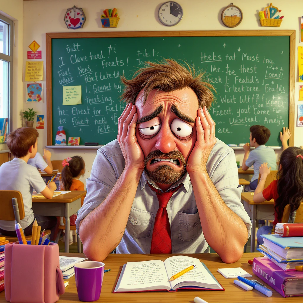 digital cartoon art of a exhausted teacher in a bustling classroom emoji