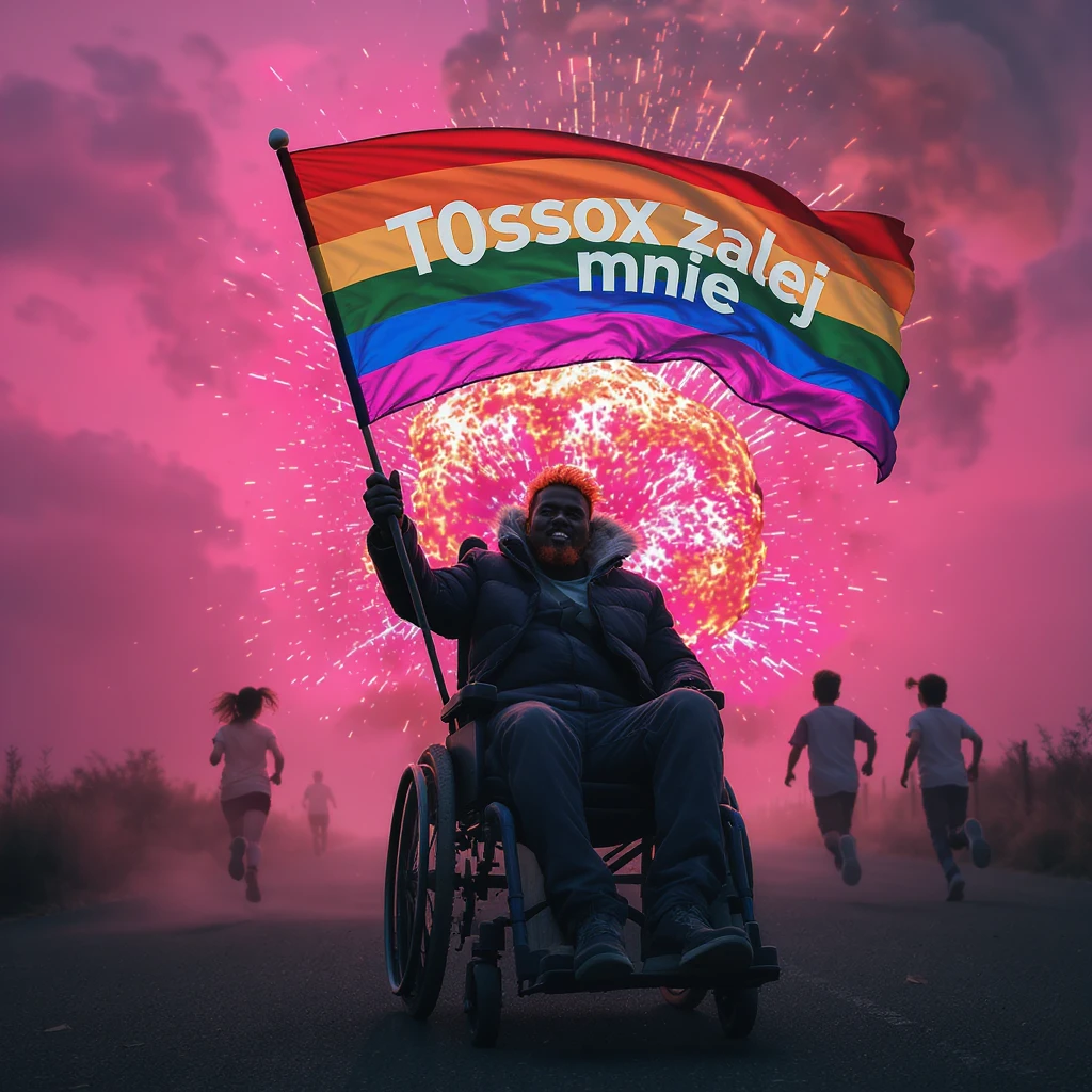 Black man with red hair sitting on wheelchair holding lgbt flag holding text "T0ssox zalej mnie" explosion behind and kids running away, pink clouds around, pink sky with pink back light emoji