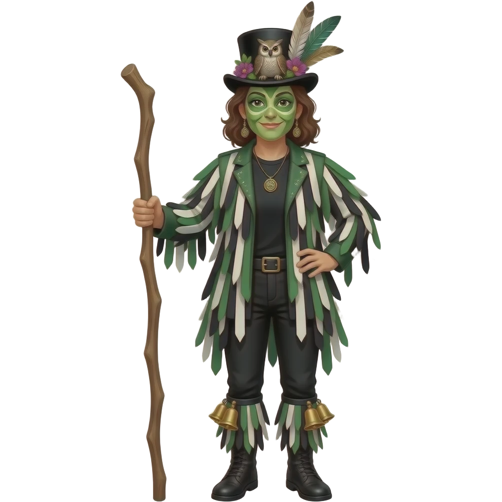 A Female Morris dancer carrying a stick with a ragged jacket in black white and green stripes with the occasional piece of sparkly fabric. A black tshirt. A top hat decorated with lots of feathers flowers and an owl. green face paint that looks like an owl. Bells below the knees emoji