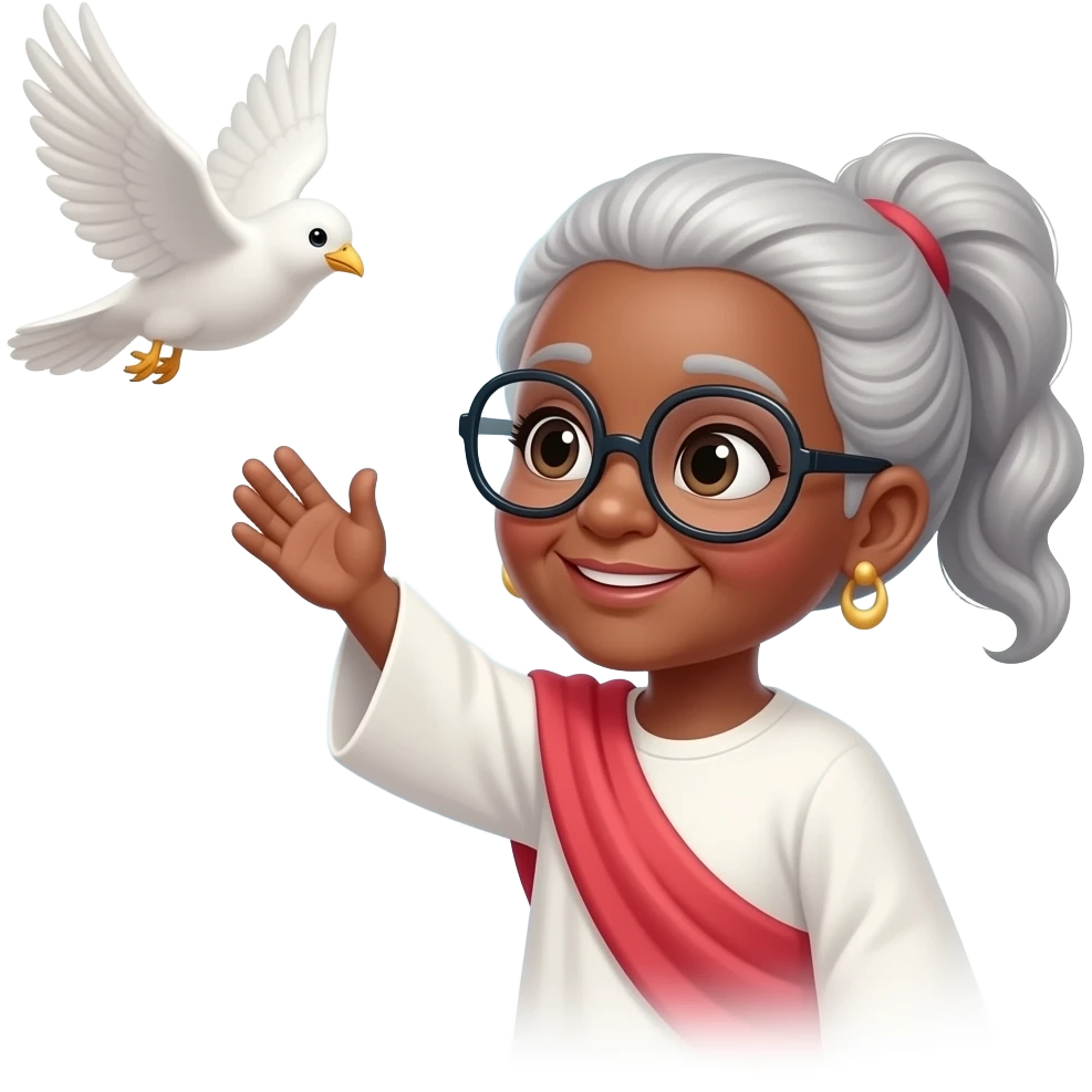 Vovó negra com óculos cabelo amarrado se tranformando em um pássaro Branco voando pró céu com jesus emoji