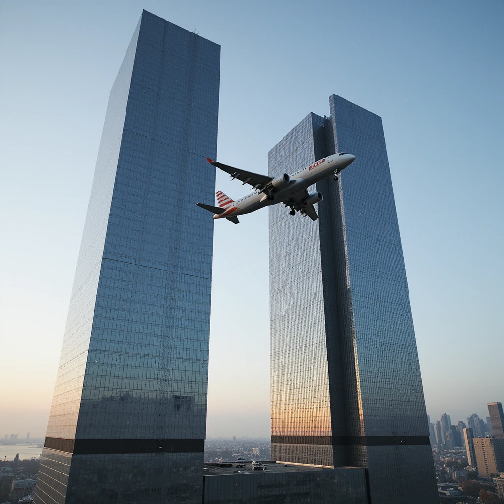 realistic depiction of two skyscrapers, airplane crashing into the left building, city background emoji