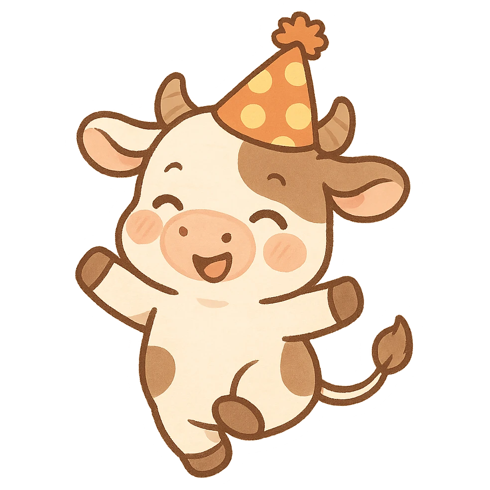 a playful cow with a polka dot birthday hat emoji