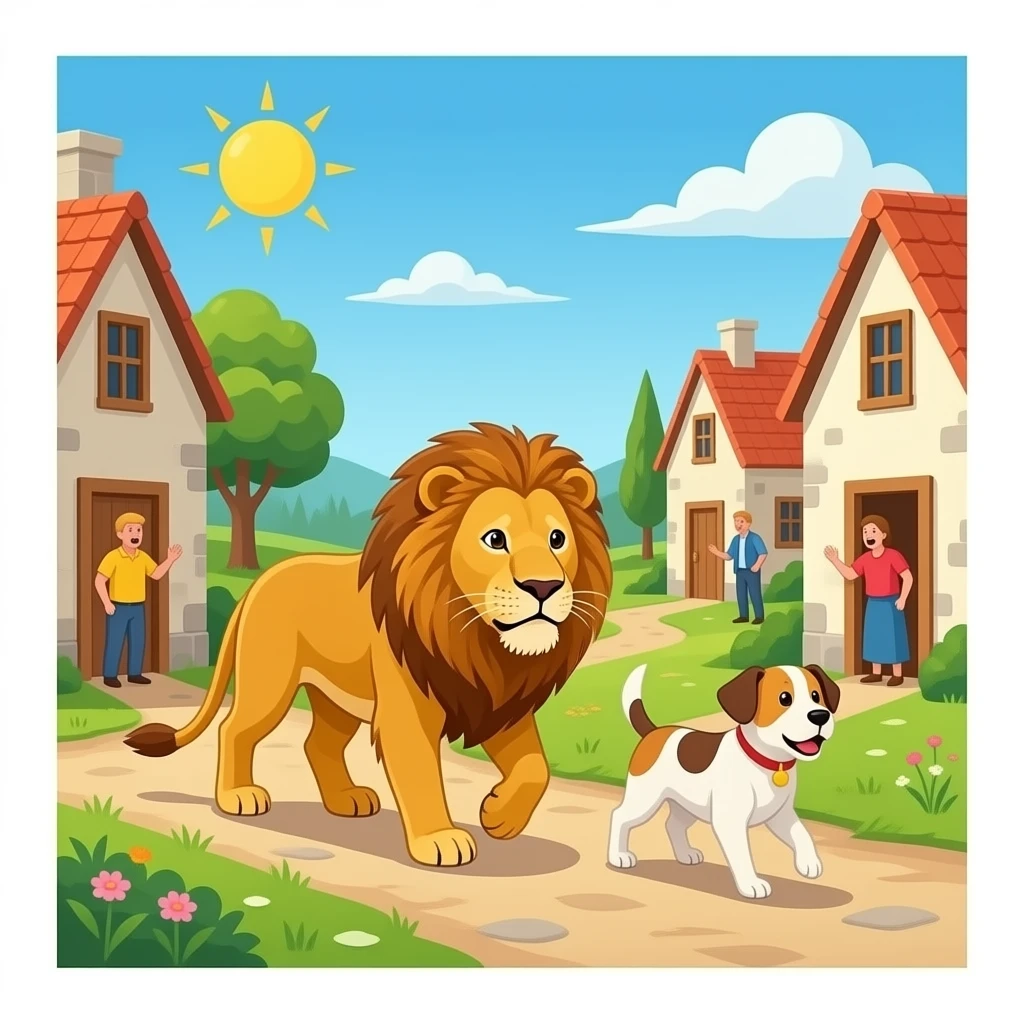 quiero que salga en un publo un leon y un perro que esten por la ciudad dando vulta con mucha hambre pero que no deestrozen nada tambien quiero que en las puertas hayan puesto madera mal colocada para que no entren a las  casaas que la gente de el pueblo tenga  mucho miedo emoji