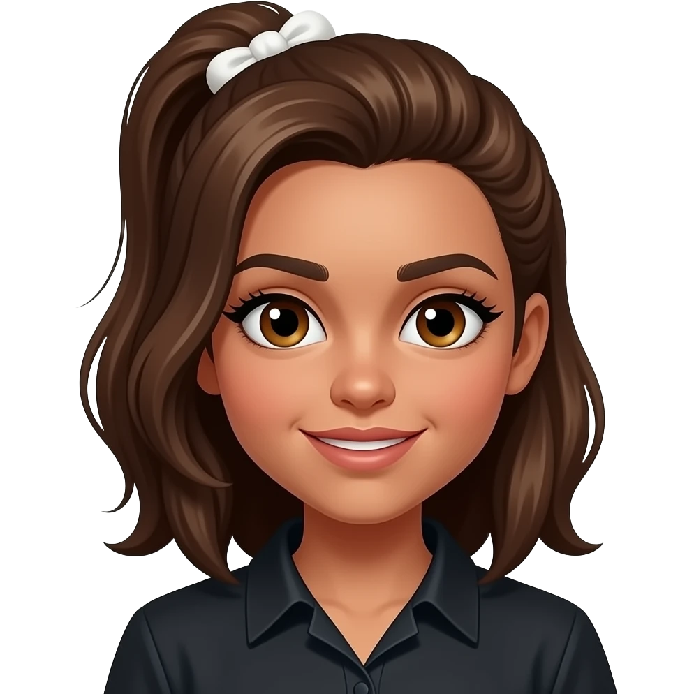 ggirl with deep but light brown hair held back with a white scrunchie, dark-golden-brown skin, big brown eyes, long lashes, thick dark eyebrows, a single dimple on her left cheek, vampire shirt. emoji