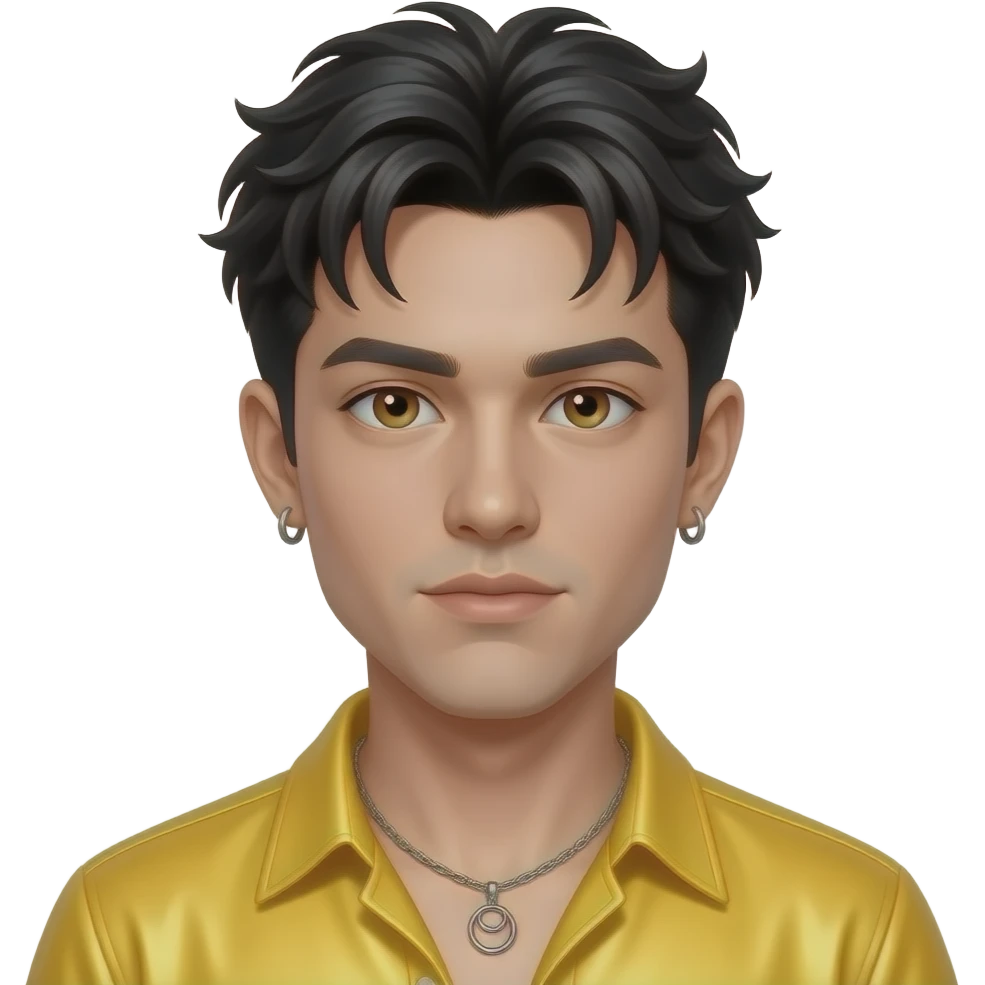 Jonathan Knight from NKOTB with hazel eyes, black 90s tousled cut hair, yellow metallic shirt, necklace and earrings emoji